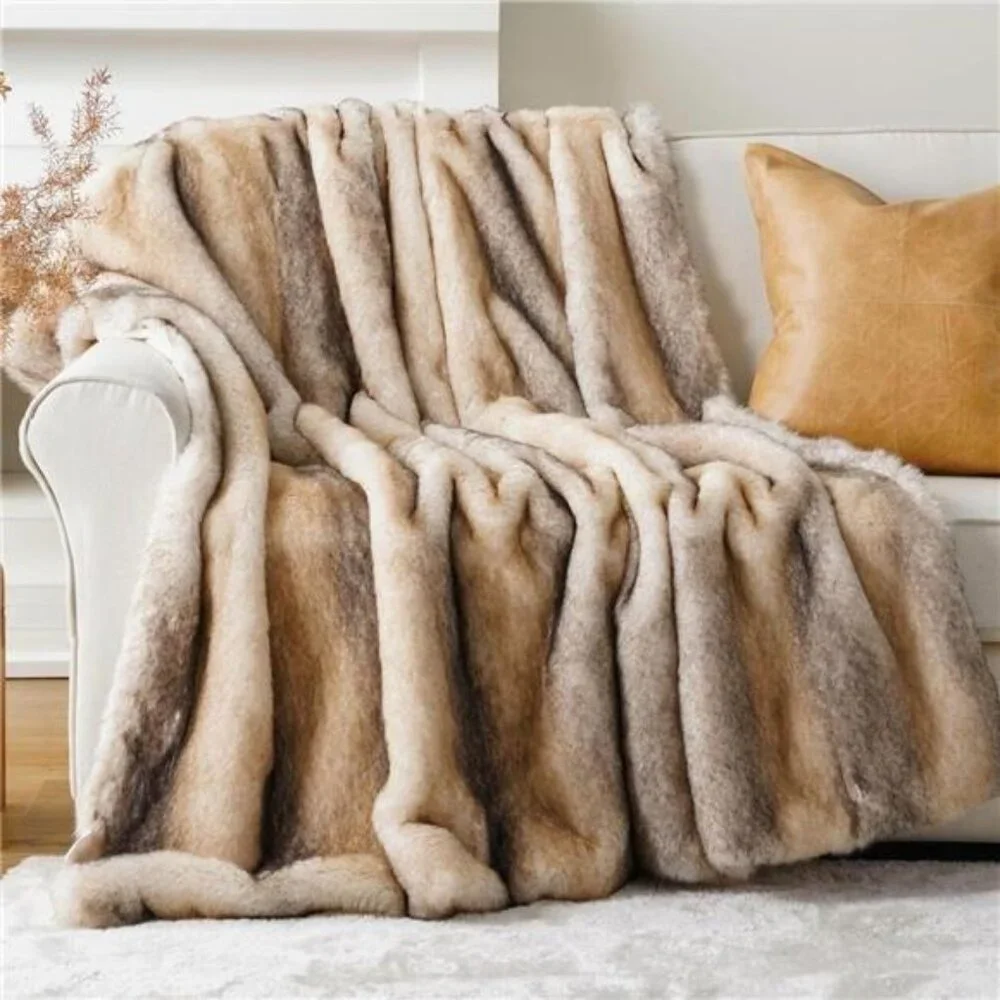 NEW West Elm Boho Brown Faux Fur Thick Mink Throw Blanket Bedding - 60